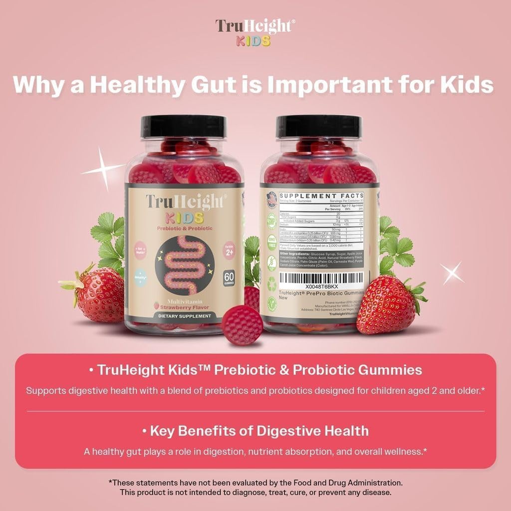 TruHeight Kids Prebiotic & Probiotic Gummies Ages 2+ (Strawberry Flavor) Toddlers & Kids All Natural Gut Health, Digestive Enzymes, Stomache Ache, Constipation Relief Supplement - Pediatric Vitamins