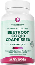 PurePremium Beet Root Capsules - 3-in-1 Blood Pressure Supplements with Beets, CoQ10 & Grapeseed - Beetroot Capsules Nitric Oxide Supplement for Normal Heart Health & Circulation Health - 60ct