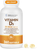 Vitamin D3 1000 IU (25 mcg) Softgels, Bone, Immune & Digestive Health Support, Gluten Free, No Artificial Additives, 360 Count, 360 Day Supply