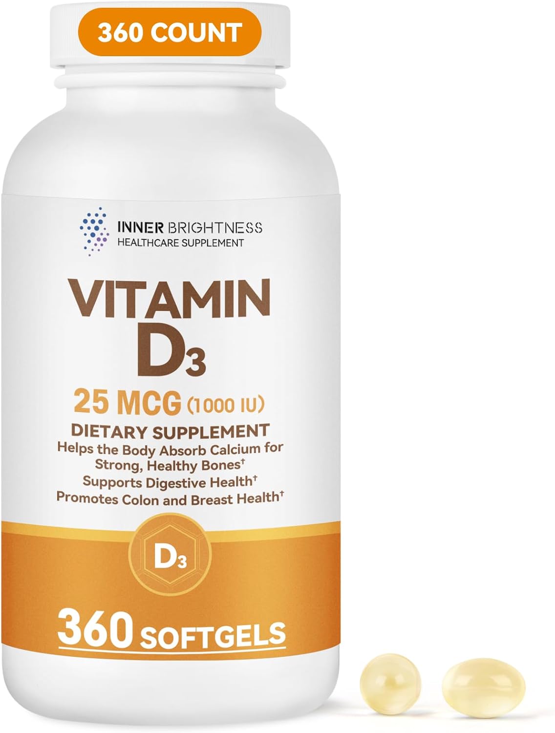 Vitamin D3 1000 IU (25 mcg) Softgels, Bone, Immune & Digestive Health Support, Gluten Free, No Artificial Additives, 360 Count, 360 Day Supply