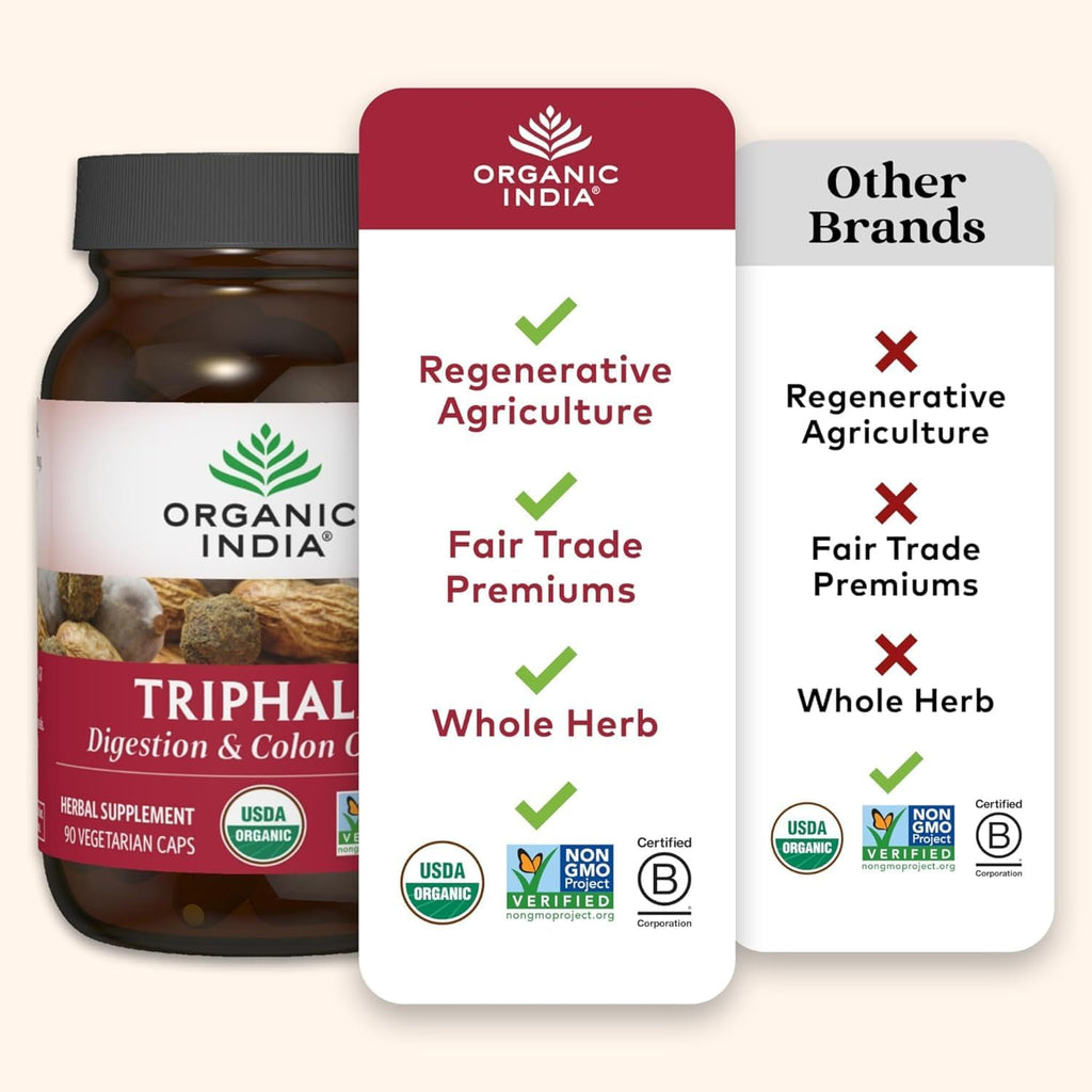 ORGANIC INDIA Triphala Capsules Organic - Herbal Supplement with Amla, Bibhitaki, Haritaki, Digestion & Colon Support, Immune System Support, Adaptogen, Vegan, USDA Certified Organic - 60 Capsules