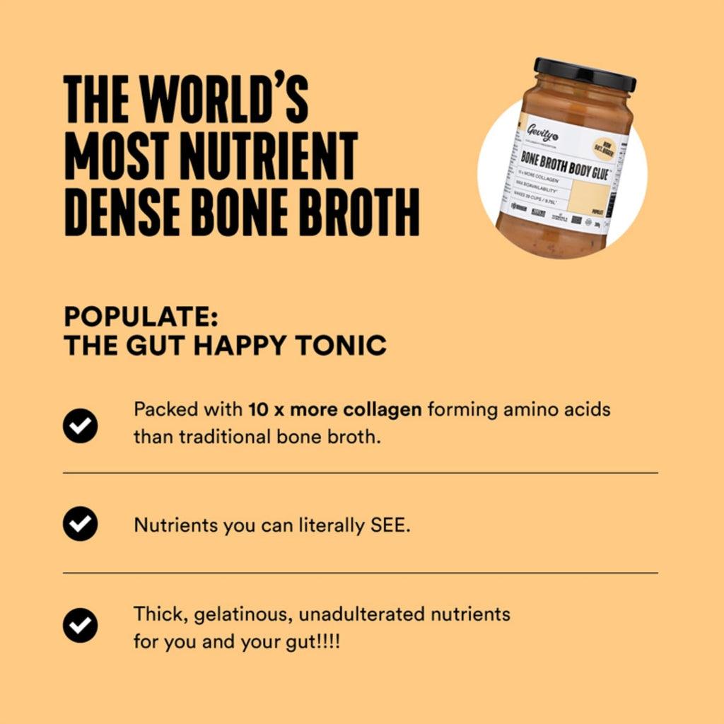 Gevity Rx Bone Broth Body Glue ® - POPULATE - Bone Broth - Concentrate - 10x more collagen* - 39 servings - Functional Ingredients - 100% Grass Fed Beef - 9.75 Litres 329 Fl. Oz."