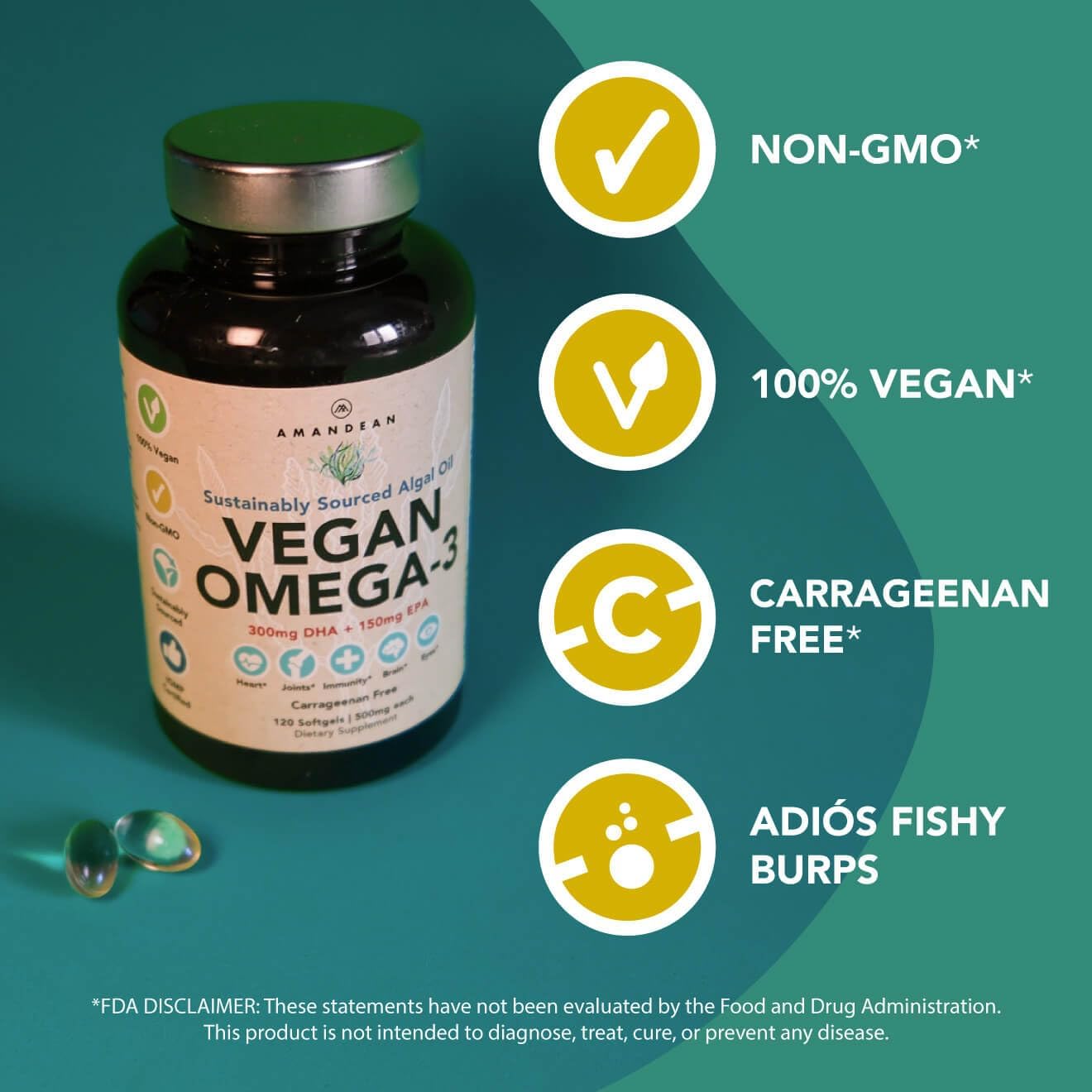 AMANDEAN Vegan Omega 3 Supplement. Premium Fish Oil Alternative. Algae DHA & EPA. Carrageenan Free Softgels. Algal Essential Fatty Acids. Plant Based Heart, Brain, Eye, Skin, Immune Support. (120ct)