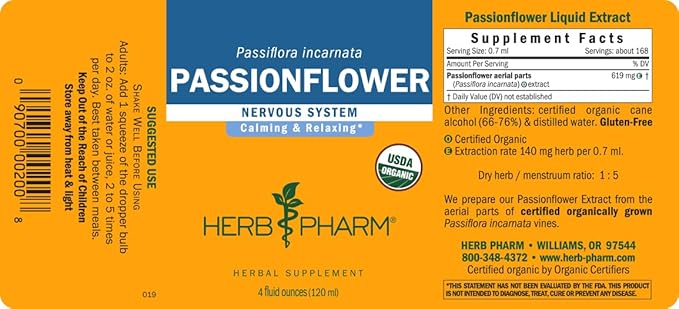 Herb Pharm Certified Organic Passionflower Liquid Extract - 4 Fl Oz