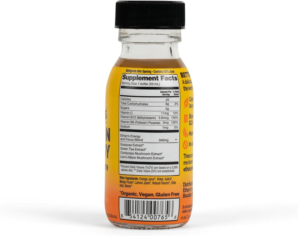 Ethan's Organic Clean Energy Shots Orange Mango, Sugar Free Natural Pre-Workout Focus Boost, Gluten Free, Vegan, B6 & B12 Vitamin C with Green Tea Extract and Guayusa (12 Pack of 2oz Shots)