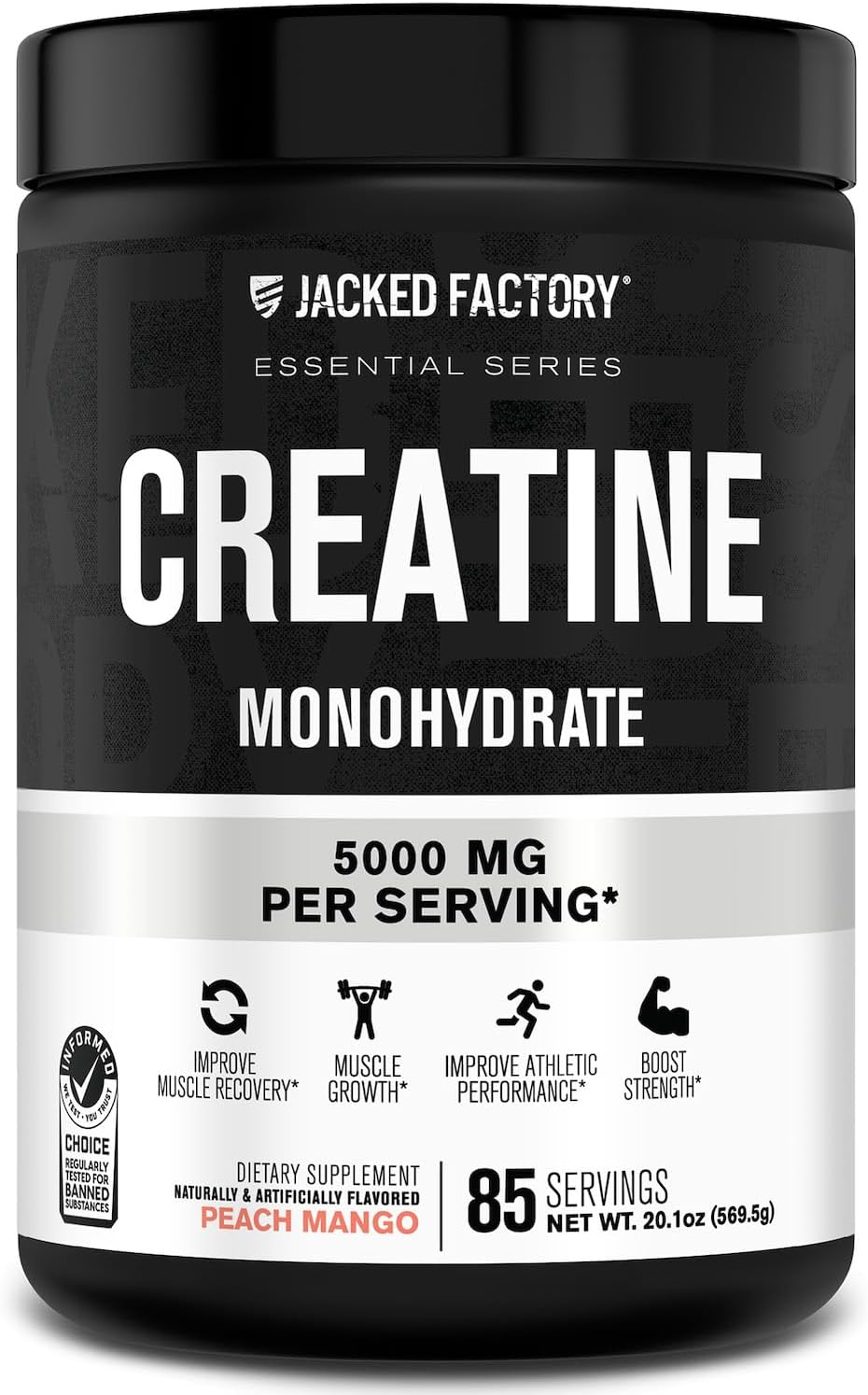 Jacked Factory Creatine Monohydrate Powder 425g - 5g Daily Creatine Supplement for Men and Women, Vegan-Friendly, Third-Party Tested - 85 Servings, Peach Mango