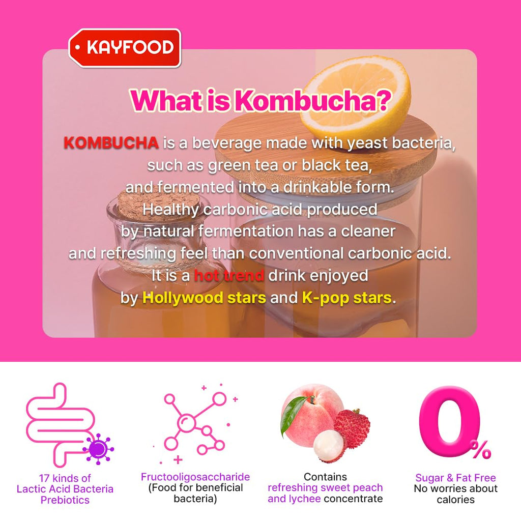 KAYFOOD-Kombucha-Peach-Garden-Daily Zero Sugar, Diet, Gut Healthy Sparkling Beverage, Fermented Korean Drinks for Iced, Hot, Workout Tea (10ST) (10ST, Lychee&peach)