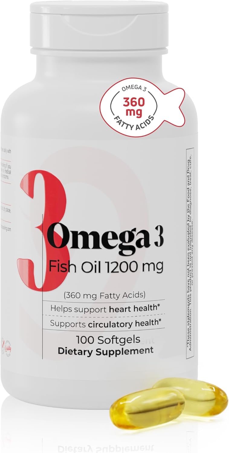 Fish Oil 1200 mg – 360 mg Omega-3 Fatty Acids – Supports Heart Health, Circulatory Health, and Cognitive Function – Non-GMO, Gluten-Free Fish Oil Supplement for Women and Men
