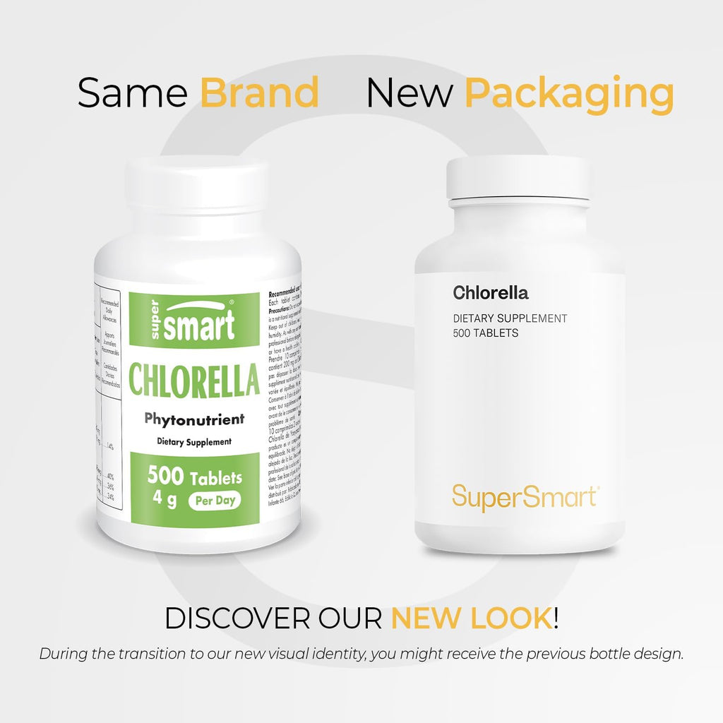 Supersmart - Chlorella Supplement 4 g per Day (Easy-to-Take) - Rich in Vitamin B2, B9, B12 & Iron - High Chlorophyll Concentration | Non-GMO & Gluten Free - 500 Tablets