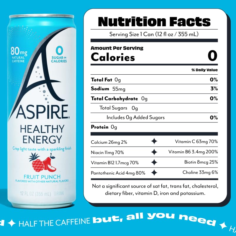ASPIRE® Fruit Punch, Healthy Energy Drink 80mg Natural Caffeine, Zero Sugar No Carbs Keto Friendly, 24 Pack Green Tea Sugar Free Drink Low Caffeine Zero Calorie