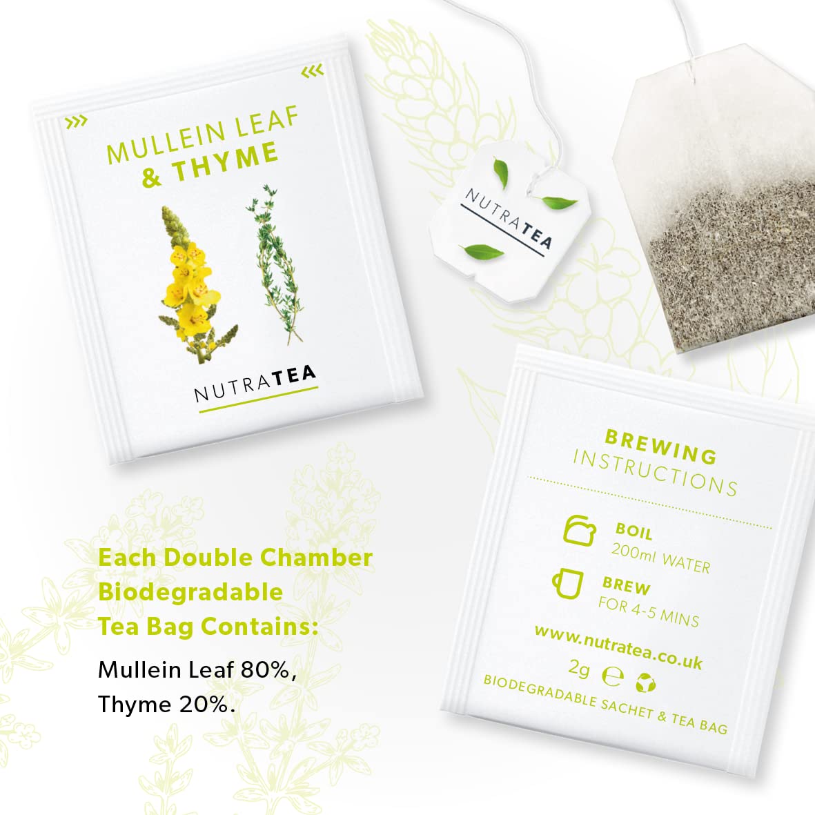 NutraTea - Mullein Leaf & Thyme Tea - Mullein Tea - Thyme Teabags For Lungs & Throat - 60 Individually Wrapped Bags - Herbal Infusion (3 Pack)