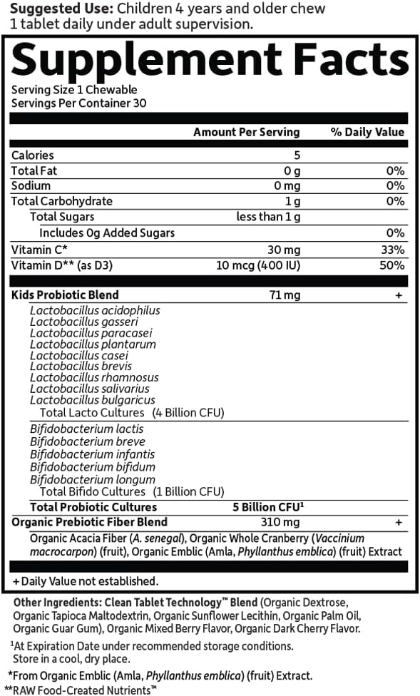 Garden of Life Dr. Formulated Probiotics Organic Kids+ Plus Vitamin C & D - Berry Cherry - Gluten, Dairy & Soy Free Immune & Digestive Health Supplement, No Added Sugar, 30 Chewables (Shelf Stable)