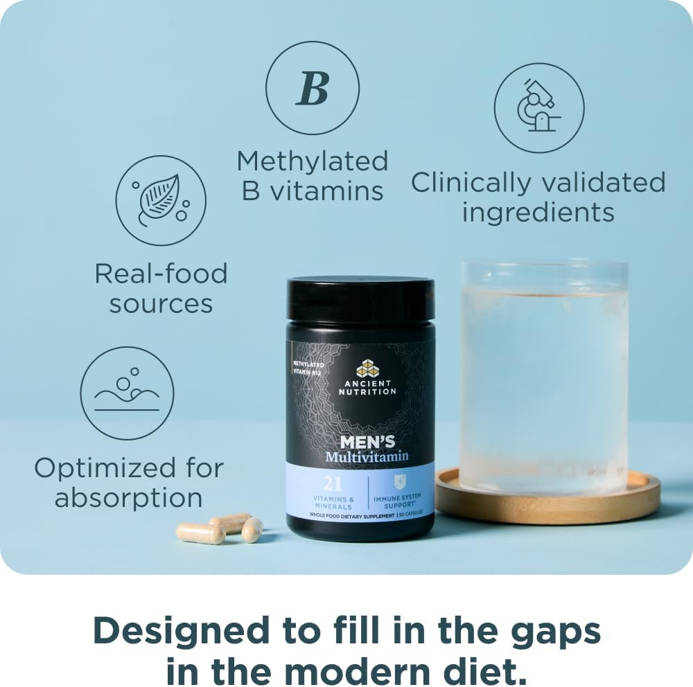 Ancient Nutrition Multivitamin for Men, Multi Men's, Vitamin D, C, E, B12, Zinc, Magnesium, Supports Healthy Immune System and Bone Health, 90 Ct