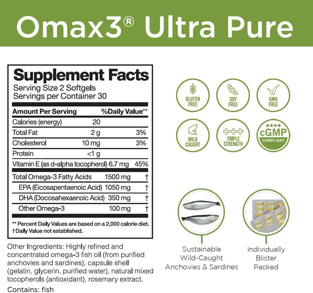 Omax3 Natural Omega 3 Fish Oil Pills 1500 MG EPA DHA - Omega3 Fatty Acid Supplements Muscle & Joint- Gluten Free, Wild Caught, Non GMO, 30-Day Supply Blister Packed (1 Box)