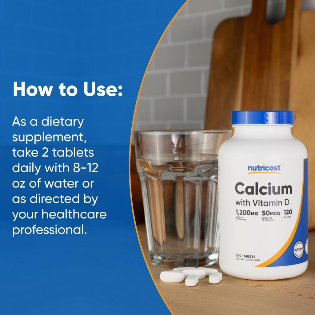 Nutricost Calcium with Vitamin D, 240 Tablets - Calcium (1200mg) Vitamin D (50mcg) Per Serving - Non-GMO, Gluten Free