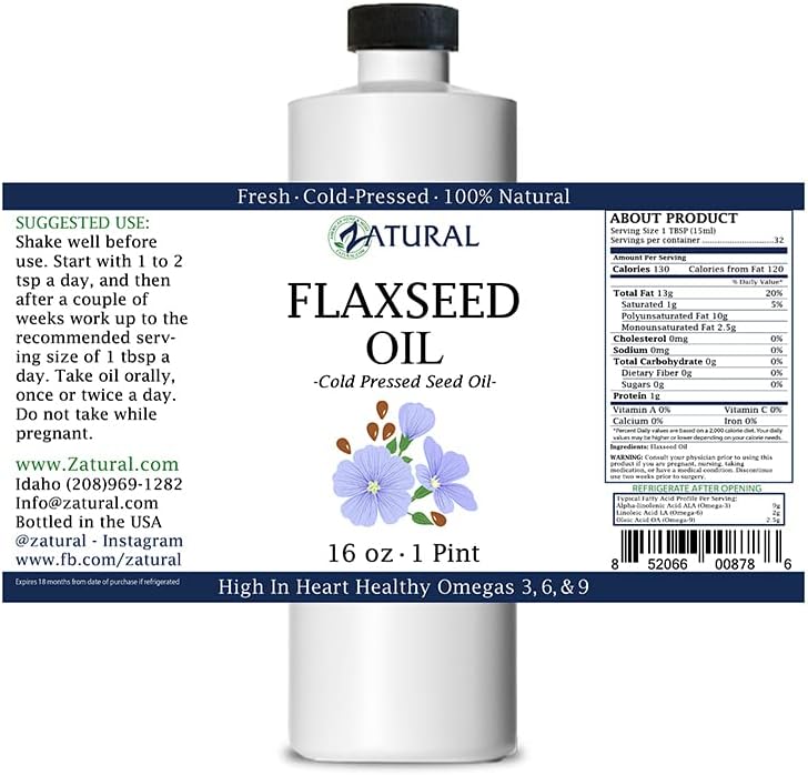 Zatural Flaxseed Oil Organically Grown 100% Pure Flax Seeds Cold Pressed Vegan Omega Fatty Acids 16oz