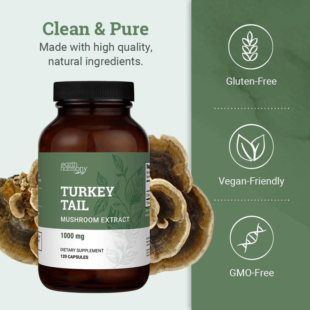Earth Harmony Organic Turkey Tail Mushroom Capsules (1200mg Pure Extract) - Superfood Mushroom Supplement Helps Support Brain Health - Premium Powder Extract - 120 Capsules (2-Month Supply)