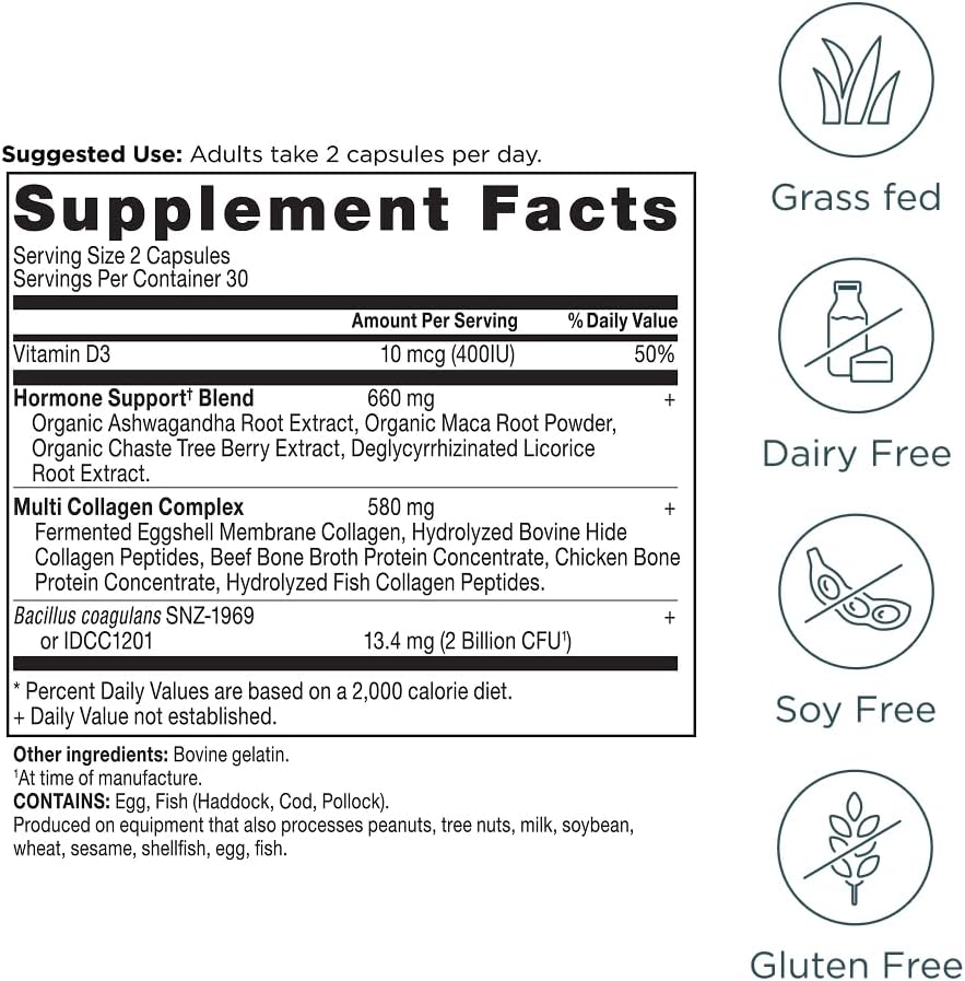 Ancient Nutrition Hormone Balance + Collagen Supplement, Hydrolyzed Collagen Peptides, Key Clinically Validated Ingredient to Support Balanced Hormones and Boost Energy, 60 Capsules