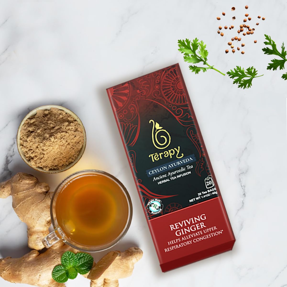 Térapy Ceylon GINGER & HONEY Tea | Organic Herbal Tea Bags | 100% Natural Ayurvedic Ingredients Including Organic Ginger, Wild Bee’s Honey, Ashwagandha & Lemongrass | 20 Individually Wrapped Tea Bags