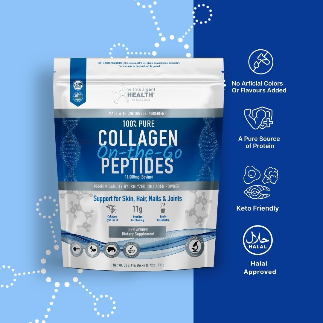 The Intelligent Health Hydrolysed Collagen Powder (Bovine) - High Protein Grass Fed Unflavoured Peptides - Collagen Supplements for Women | Gluten Free, Paleo & Keto Friendly (Stick Pack (30))