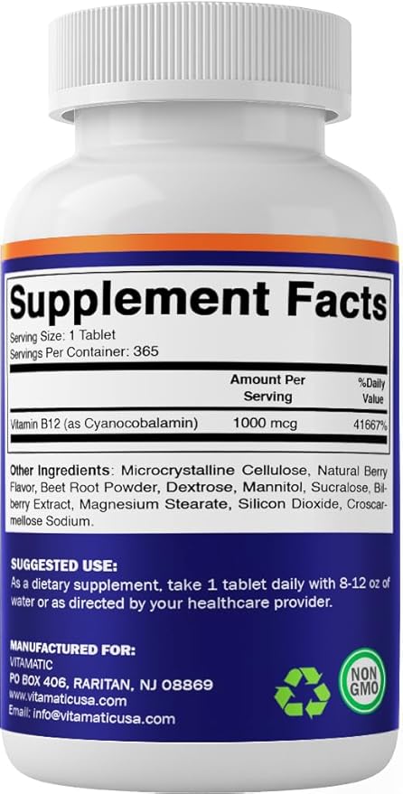 Vitamatic Vitamin B12 1000 mcg Fast Dissolve Tablets – Natural Berry Flavor – 365 Tablets per Bottle - 2 Bottles – Supports Energy Metabolism & Nervous System Health
