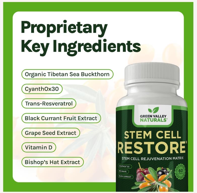 Stem Cell Supplement - Organic Tibetan Sea Buckthorn-Resveratrol, Vitamin D, Bishop's Hat Extract (1 Bottle, 60 Count)