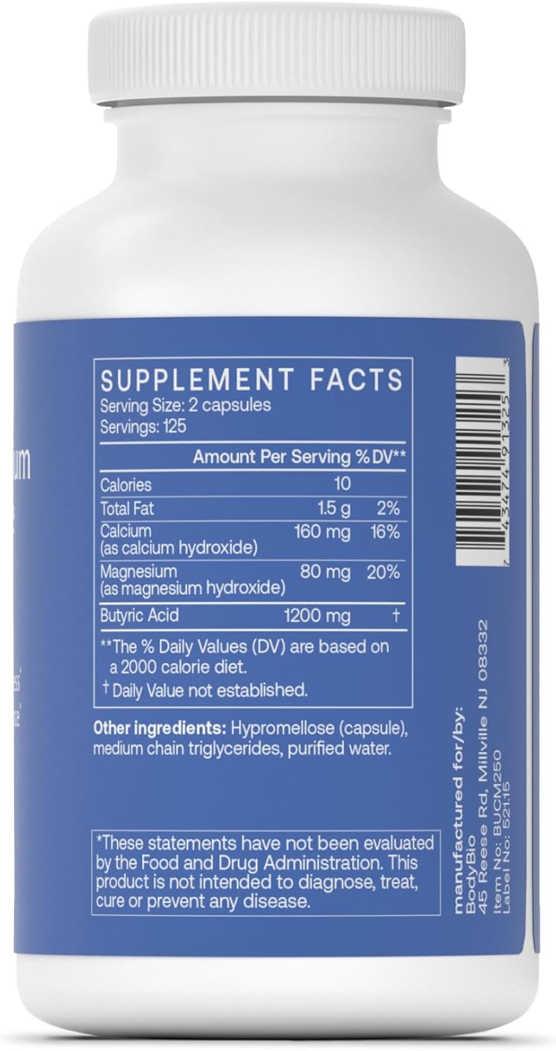 BodyBio Butyrate - Postbiotic for Gut Health, Digestive Support, Bloat, Gas & Constipation Relief, Leaky Gut Repair - Calcium, Magnesium + Butyric Acid Supplement for GI Wellness