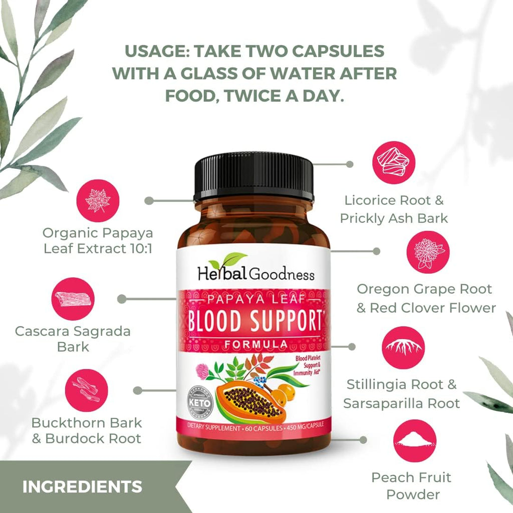 Herbal Goodness Papaya Leaf Blood Support Capsules - Platelet & Bone Marrow Health, Immunity Support & Blood Cleanse - 60/450mg Veggie Capsules (1 Bottle)