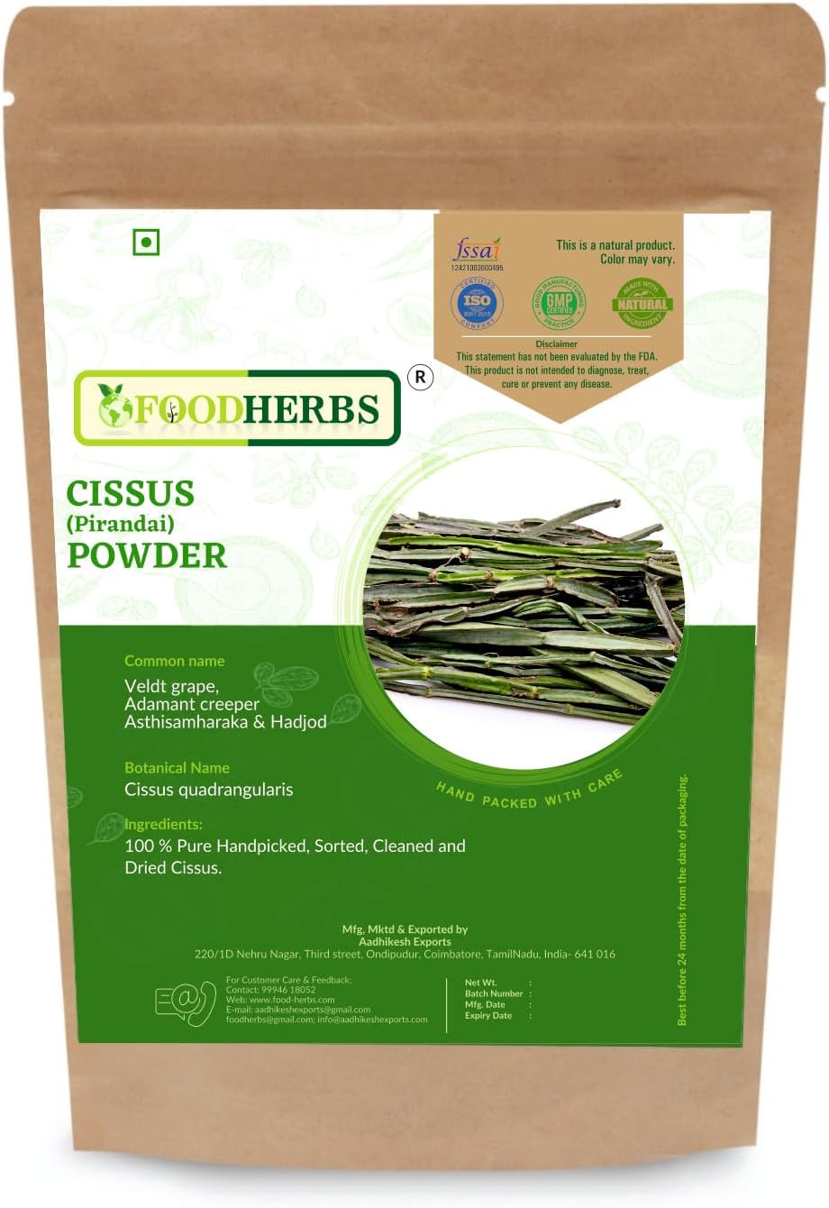 Cissus Quadrangularis Powder | 200 GMS / 0.44 Lbs | for Bone Wellness | Hadjod | Pirandai | Veldt Grape | Adamant Creeper