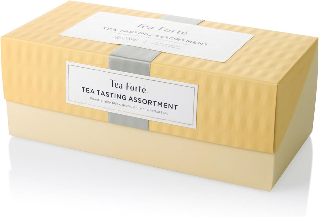 Tea Forte Tea Sampler Presentation Box, 20 Assorted Handcrafted Pyramid Tea Infuser Bags, Tea Tasting Assortment: Black, White, Green, Herbal