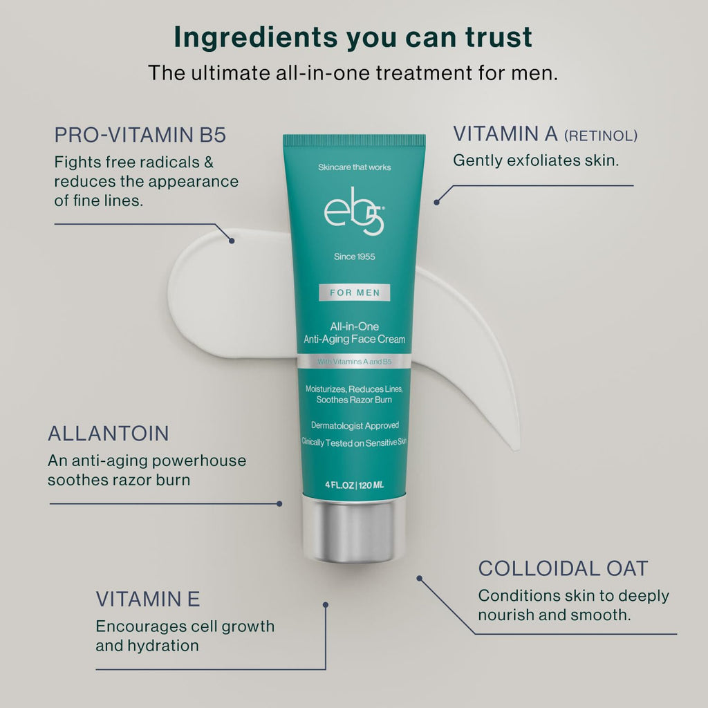 eb5 Men’s All-in-one Anti-Aging Face Cream | Formulated with Retinol, Vitamins E, B5, and A to Moisturize, Reduce Lines and Soothe Razor Burn - 4 Fl Oz