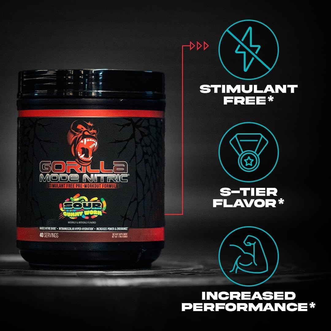 Gorilla Mode Nitric Upgraded Stimulant Free Pre-Workout – Best Tasting and Most Effective Stimulant Free Pre-Workout/Massive Pumps · Vasodilation · Power / 784 Grams (Tigers Blood)