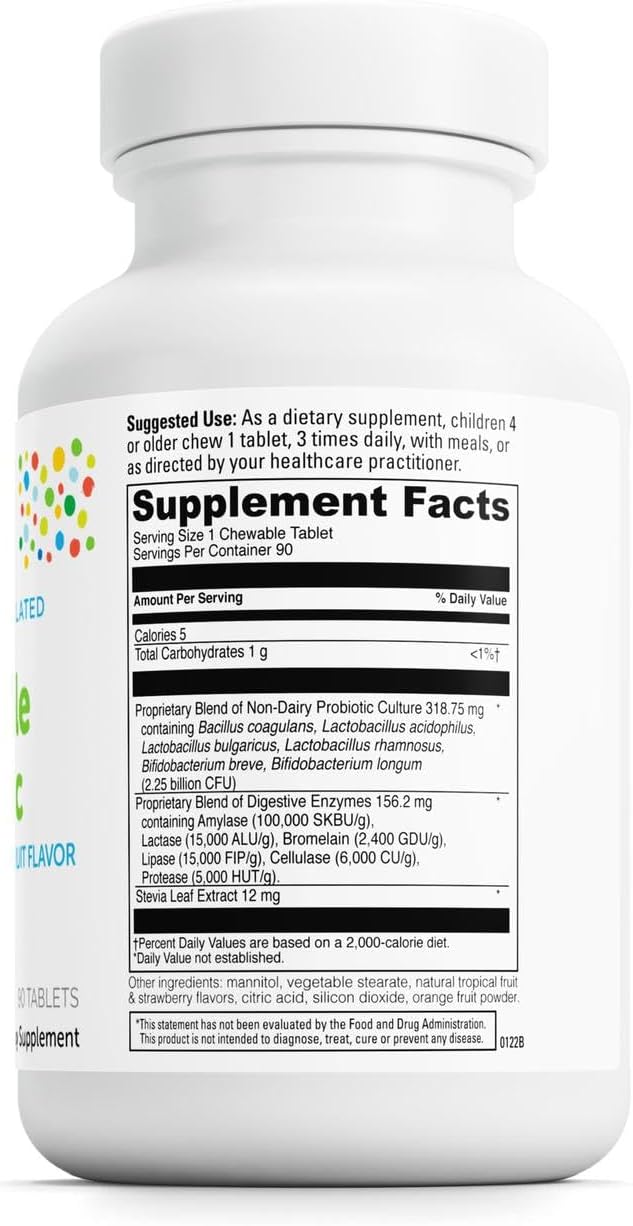 DAVINCI Labs Chewable Kidbiotic - Kids Probiotics to Support Digestion, a Healthy Gut, Brain Health and Immunity - with Probiotics, Amylase, and More - Tropical Fruit Flavor - 90 Chewable Tablets