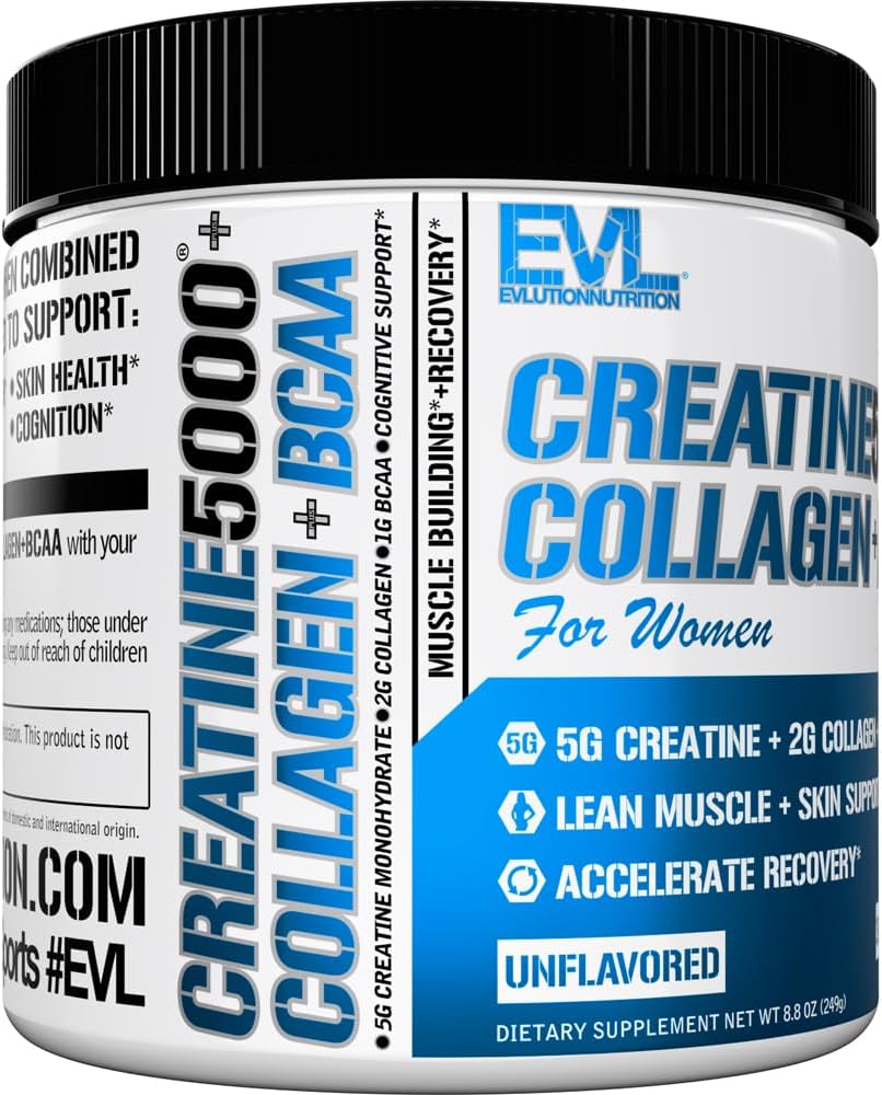 Evlution Nutrition Creatine 5000 + Collagen + BCAA - for Women - Supports Lean Muscle Growth - 5g Creatine Monohydrate, 2g Collagen Peptides & 1g BCAAs Per Serving - 30 Servings - Unflavored Powder