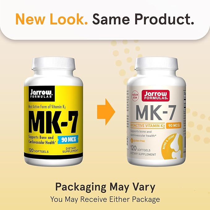 Jarrow Formulas MK-7 90 mcg - Bioactive Form of Vitamin K2-120 Servings (Softgels) - for Bone & Cardiovascular Health - Vitamin K2 MK-7 Dietary Supplement - Gluten Free (Pack of 2)