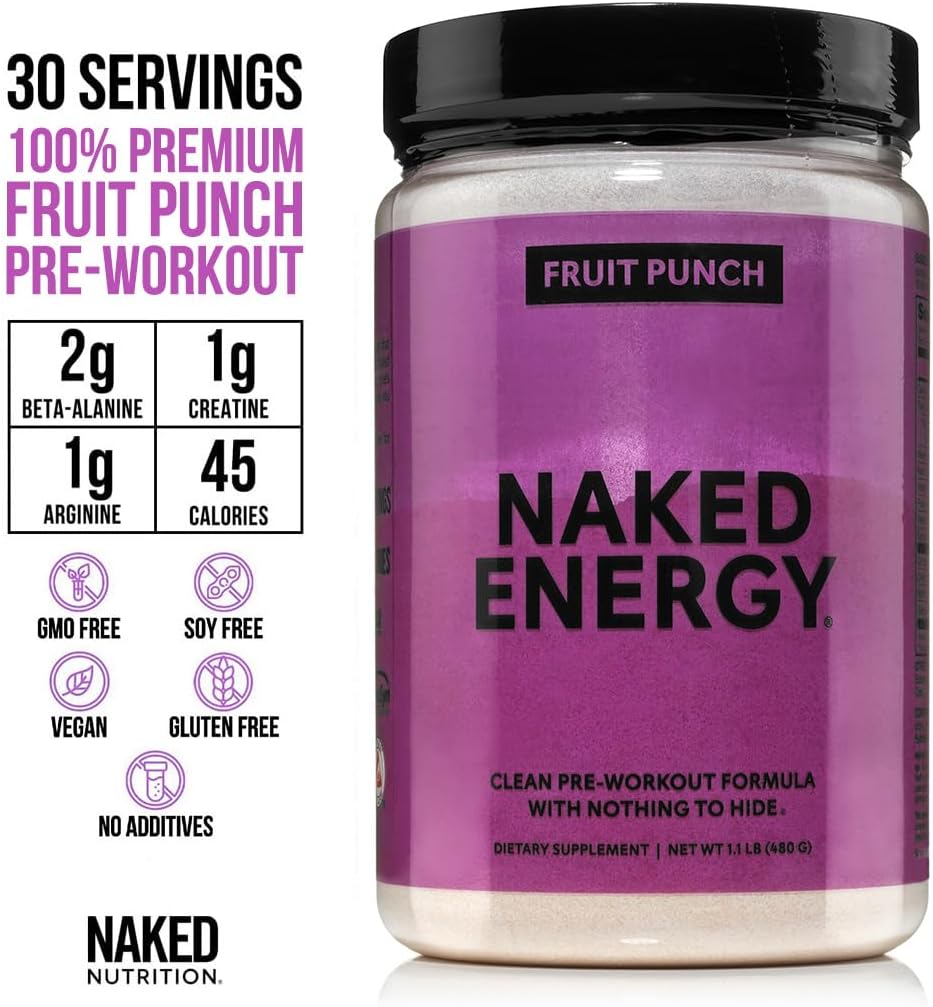 NAKED Fruit Punch Energy - Clean Pre Workout Supplement for Men and Women, Vegan Friendly, No Added Sweeteners, Colors Or Flavors - 30 Servings