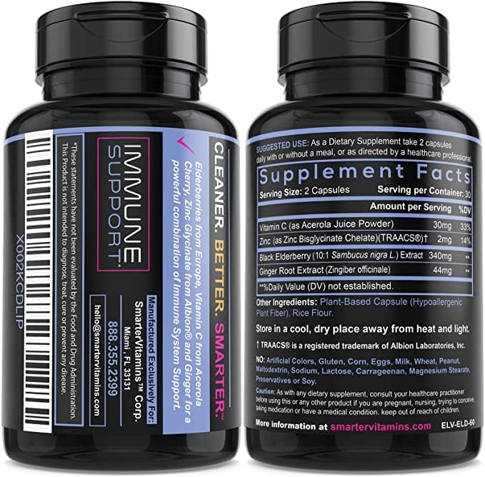 (3 Pack) Smarter Elderberry Capsules + Vitamin C + Ginger & Zinc, Herbal Supplement, Powerful Black Elder Berry Extract Antioxidant Vitamin, 180 Vegan Pills