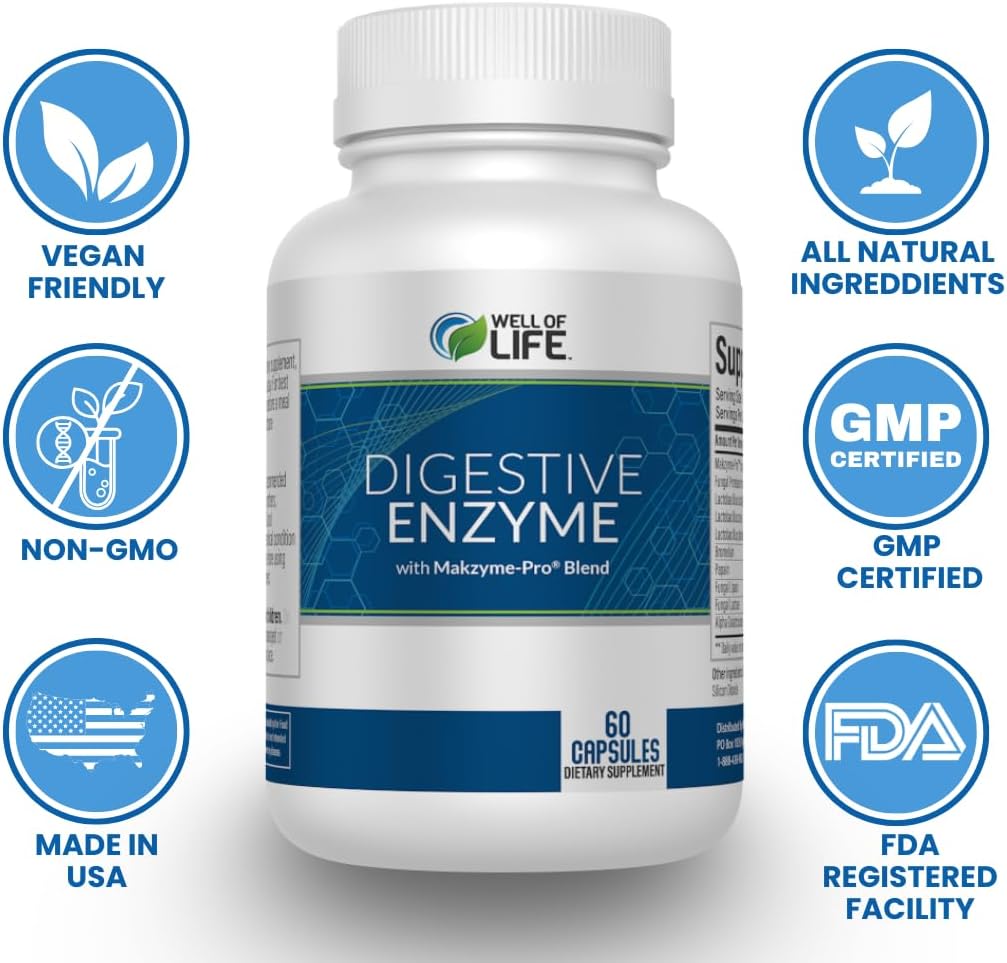Well of Life Digestive Enzyme: 700mg, 60 Vegetarian Capsules, Enhance Digestive Health, Nutrient Absorption & Gut Health, Lactobacillus, Bromelain, Papain & More, All-Natural, Vegan, Made in USA