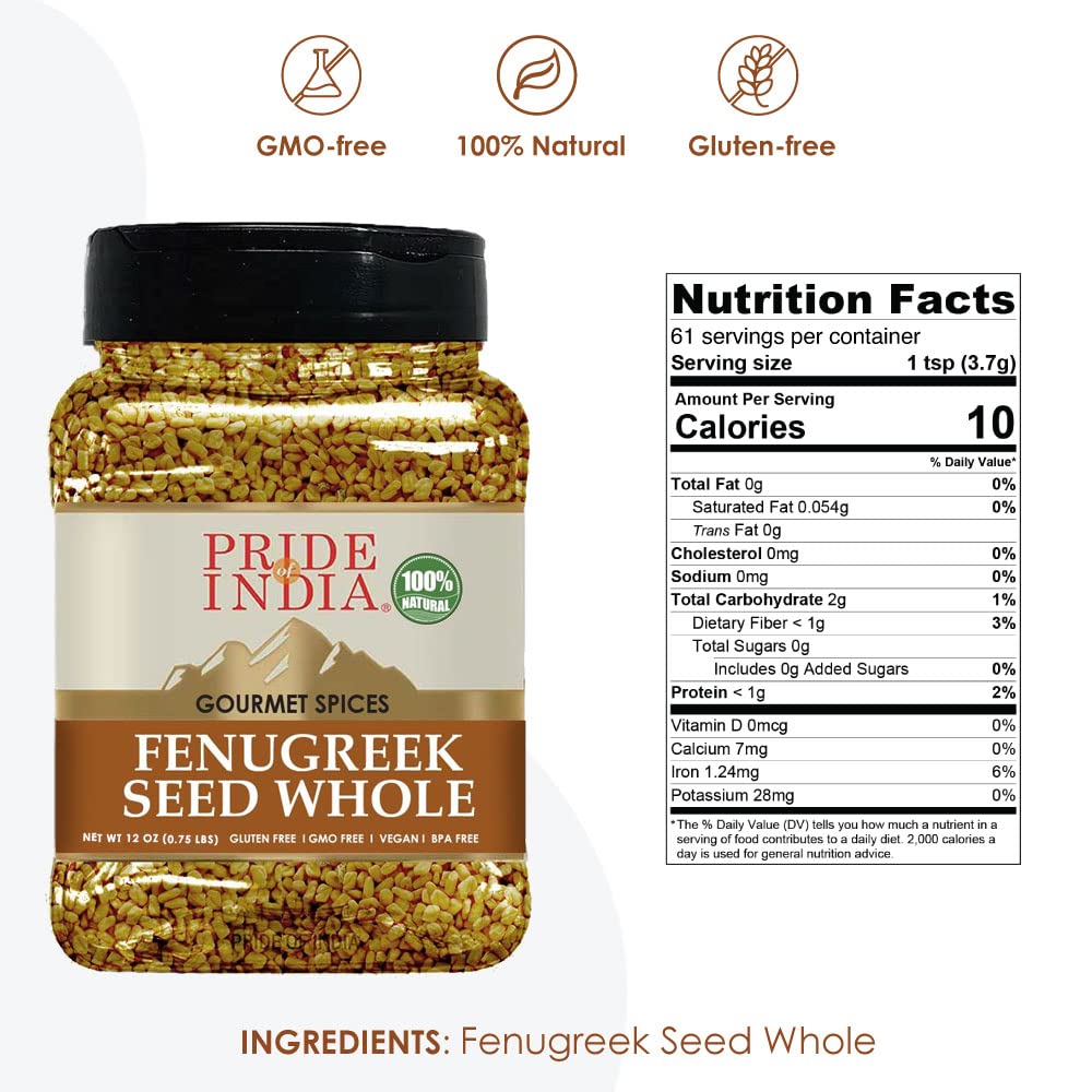 Pride of India – Fenugreek Seed Whole – Whole & Gourmet Indian Spice – Ideal Seasoning for Cooking – Free of Preservatives – Easy to Use – 12 oz. Medium Dual Sifter Jar