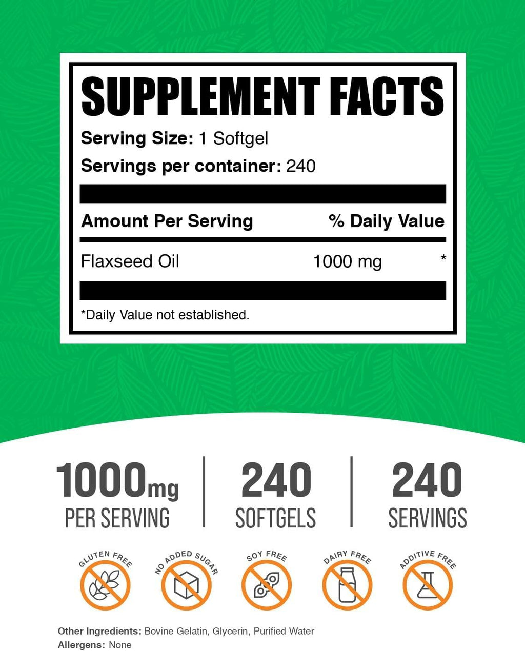 BulkSupplements.com Flaxseed Oil Softgels - Flaxseed Supplement, Flaxseed Oil 1000mg Softgels - Herbal Supplement, Gluten Free, 1 Softgel per Serving, 240 Count (Pack of 1)