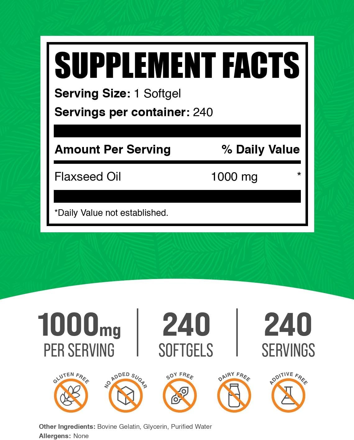 BulkSupplements.com Flaxseed Oil Softgels - Flaxseed Supplement, Flaxseed Oil 1000mg Softgels - Herbal Supplement, Gluten Free, 1 Softgel per Serving, 240 Count (Pack of 1)