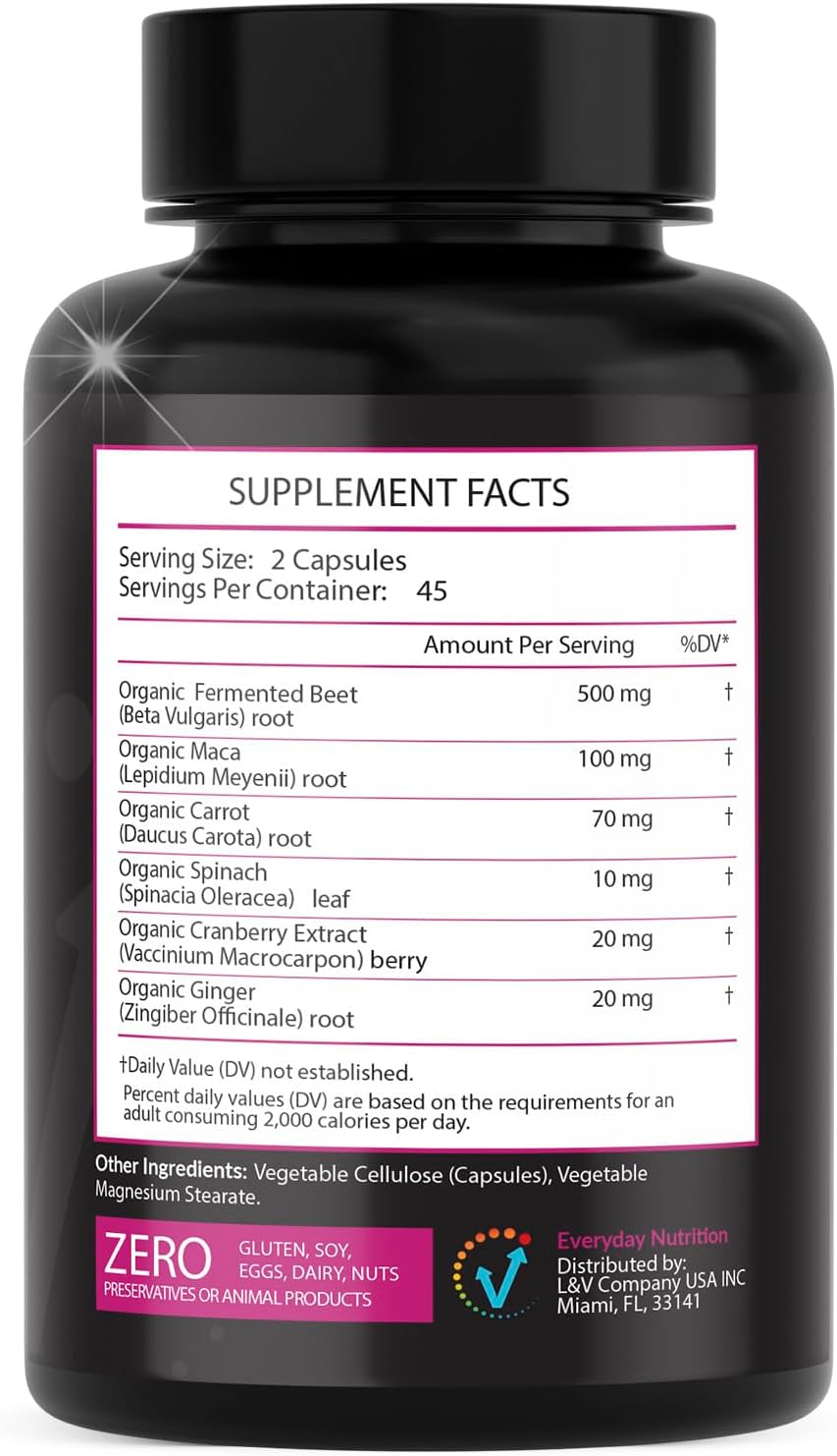 Organic Fermented Beet Root, Black Maca, Carrot, Spinach, Cranberry, Ginger |Enhanced Overall Health for Women & Men | Made in USA | 90 Veggie Capsules