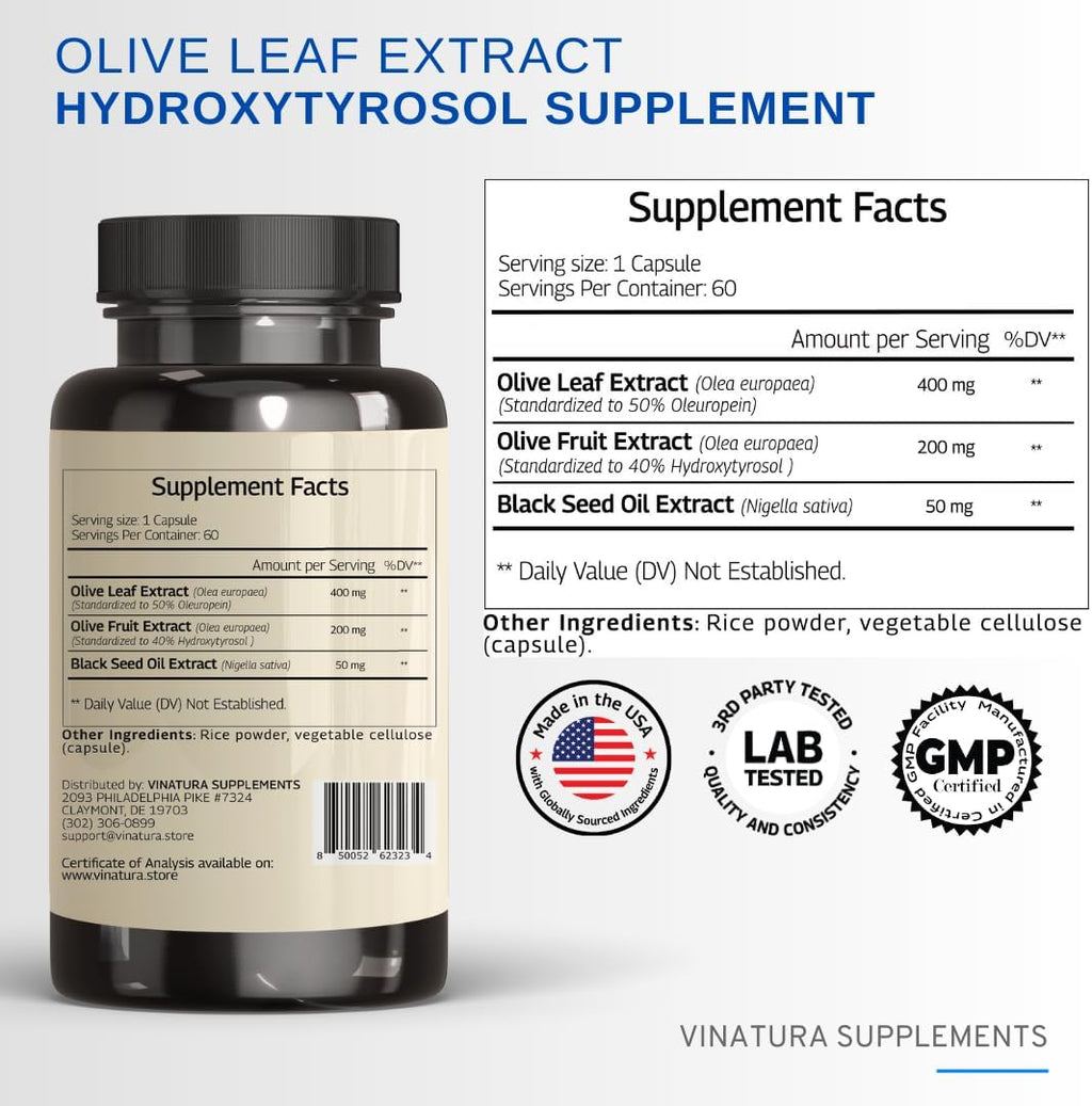 Hydroxytyrosol Supplement, Olive Leaf Extract - 40% Hydroxytyrosol Olive Fruit Extract, 50% Oleuropein Olive Leaf Extract Capsules - 60 Capsules
