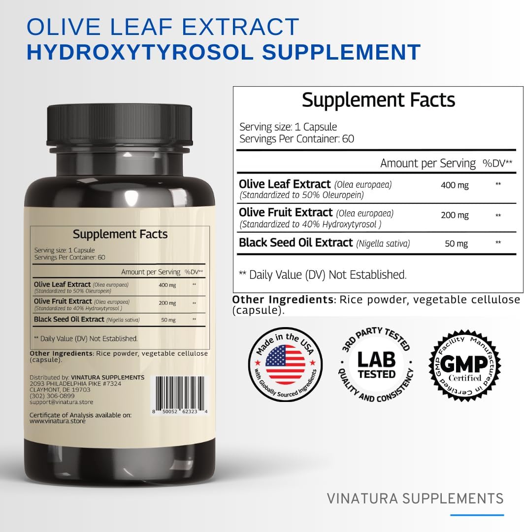 Hydroxytyrosol Supplement, Olive Leaf Extract - 40% Hydroxytyrosol Olive Fruit Extract, 50% Oleuropein Olive Leaf Extract Capsules - 60 Capsules