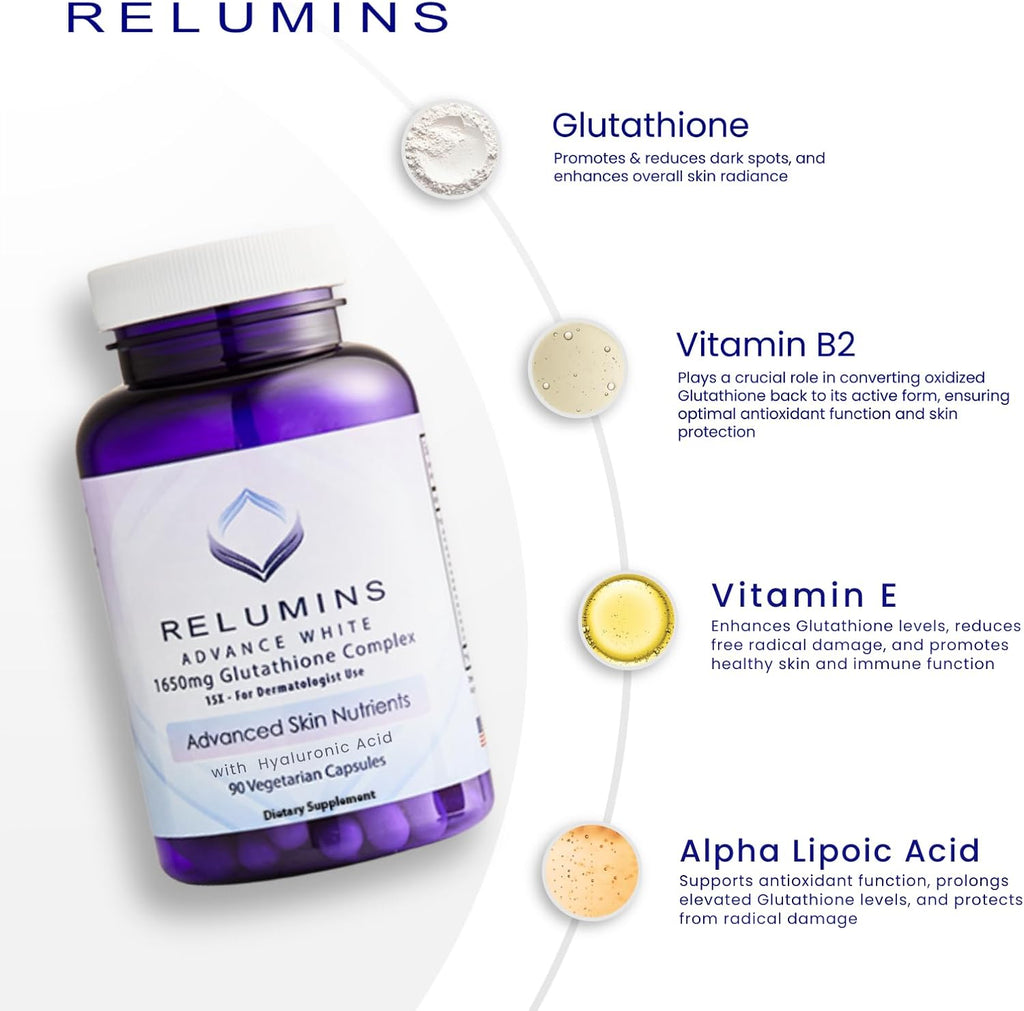 Relumins L-Glutathione Complex 1650mg - Antioxidant Support with Alpha Lipoic Acid, NAC, L-Methionine, Vitamin E - Halal & cGMP Certified, Skin Health Supplement - 90 Vegetarian Capsules