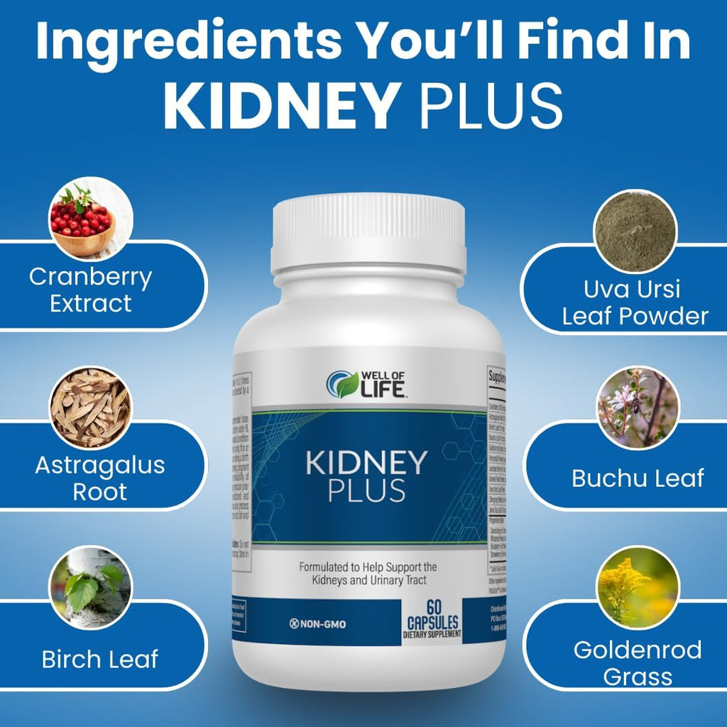Well of Life: Kidney Plus 600mg with Cranberry Extract, Astragalus Root, Java Tea-Leaf & antioxidants for Overall Well-Being, Helps Healthy Kidney Function & Urinary Tract Wellness, 60 Capsules