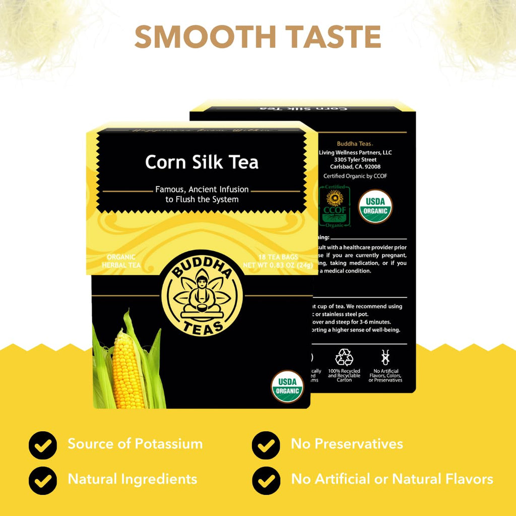 Buddha Teas - Organic Corn Silk Tea - Herbal Tea - For Health & Wellbeing - With Antioxidants & Minerals - Clean Ingredients - Caffeine Free - OU Kosher & Non-GMO - 18 Tea Bags (Pack of 1)