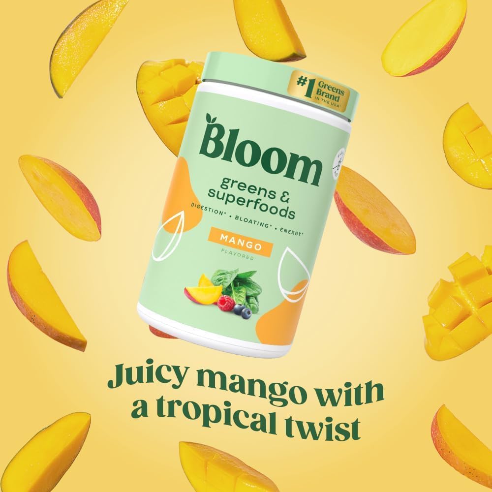 Bloom Nutrition Superfood Greens Powder, Digestive Enzymes with Probiotics and Prebiotics, Gut Health, Bloating Relief for Women, Chlorella, Green Juice Mix with Beet Root Powder, 25 SVG, Mango