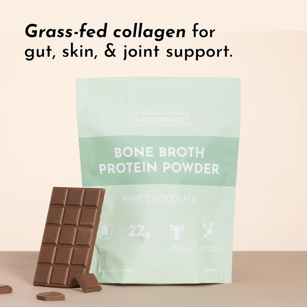 Bone Broth Protein Powder – Mint Chocolate | 15 Servings | 21g Grass-Fed Protein per Serving | Dairy-Free | Collagen for Gut, Skin & Joint Support | Made with Real Food Ingredients