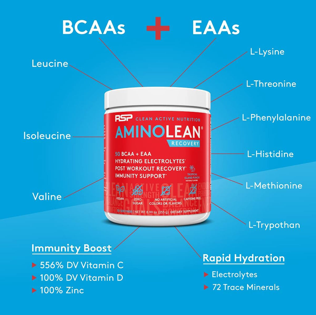 AminoLean Hydrating Electrolyte Powder and Recovery Drink with Sea Minerals, Nootropic Mushrooms, and Vegan Amino Acids, BCAAs + EAAs for Post Workout Muscle Building, Tropical Punch